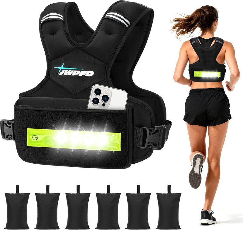 JWPFD Adjustable Weighted Vest for Women Men, 6-15 Lbs/12-18 Lbs Rucking Vest with LED Light Strips, Weight Vest with 6 Ironsand Weights, and Zipper Pocket for Strength Training, Walking, Running - Image 1